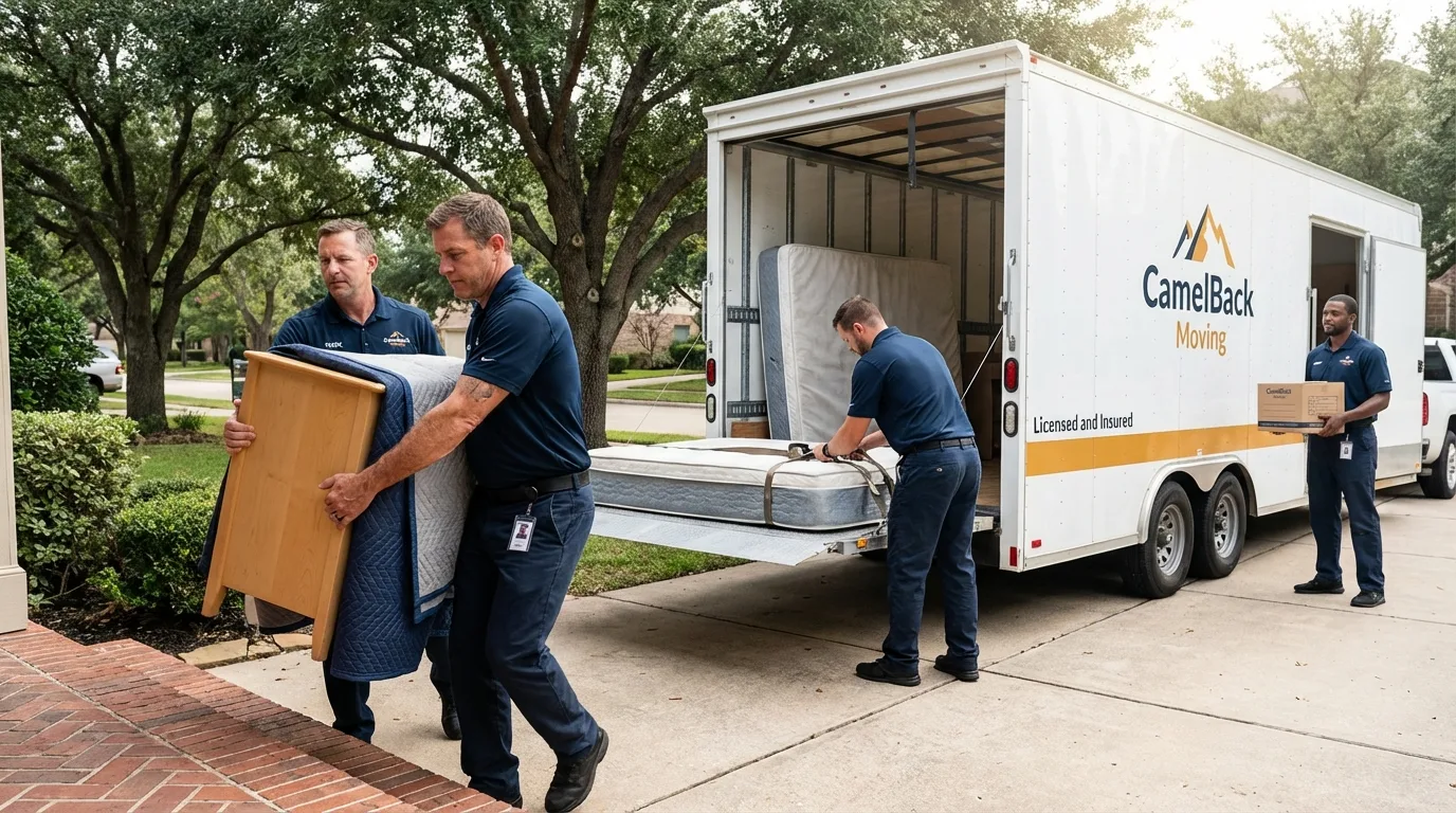 Crew loading residential truck for cross-state move from De Soto, IA