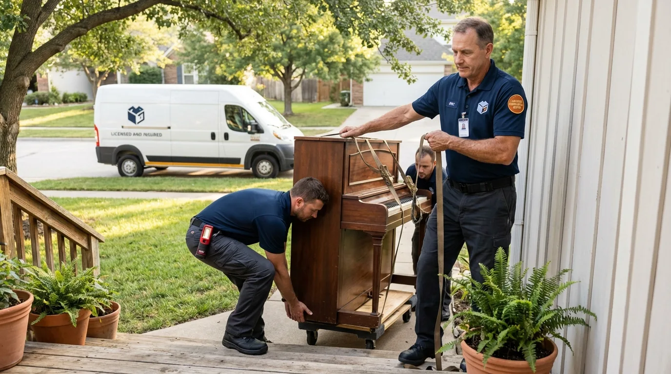 Licensed piano movers securing grand piano in De Soto, IA