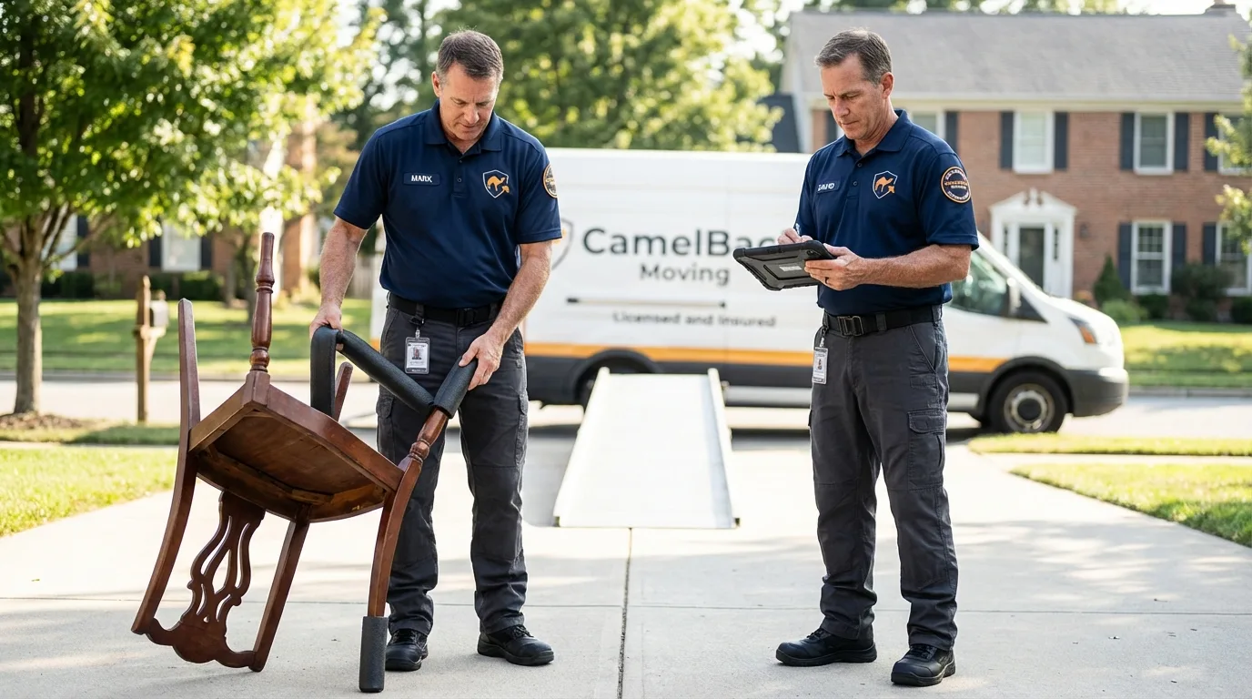 Movers inspecting furniture for damage prevention before loading in De Soto, IA