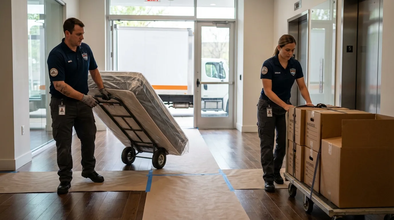 Professional apartment movers loading elevator in De Soto, IA