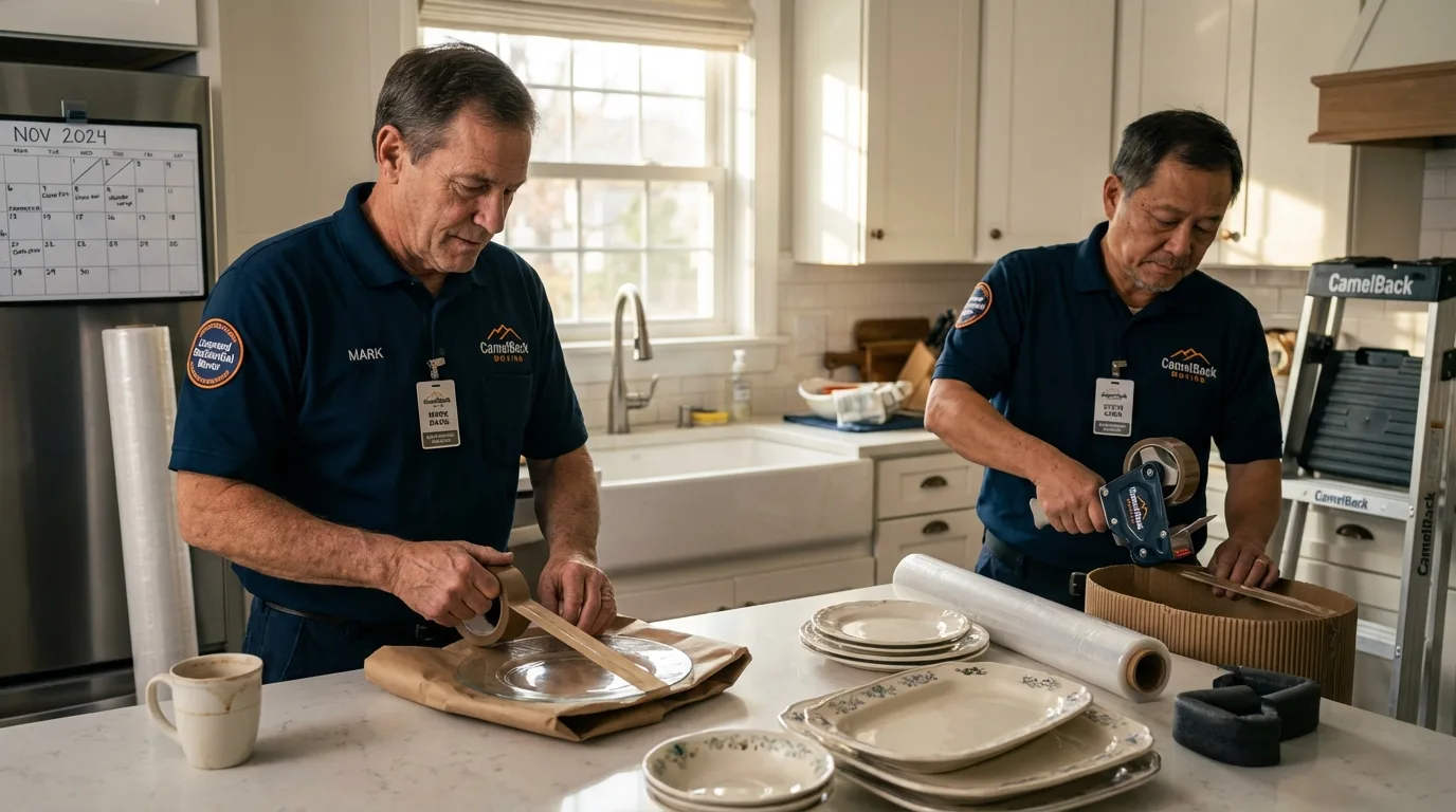 Professional crew packing kitchen dishware in De Soto, IA